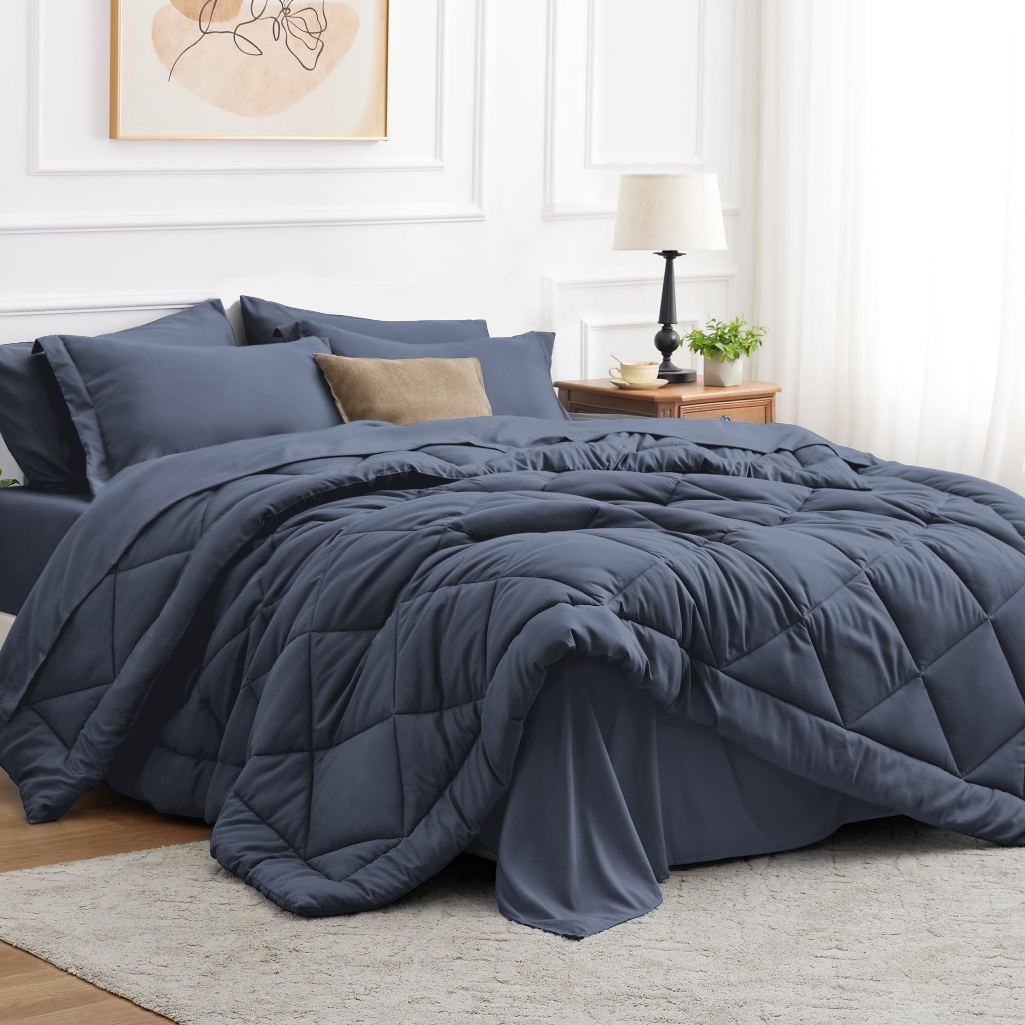 Love 'S Cabin King Size Comforter Set Navy Blue, 7 Pieces King Bed In A Bag, All Season King Bedding Sets With 1 Comforter, 1 Fl